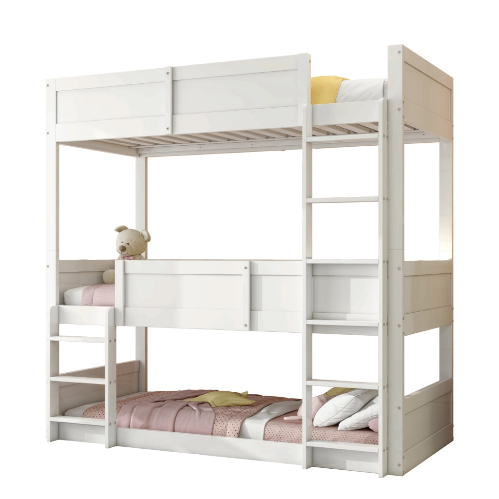 Letto a Castello Triplo 90x200 cm in Legno Massello Bianco; Letto a Tre Piani per Bambini Scomponibile con Barriere di Sicurezza