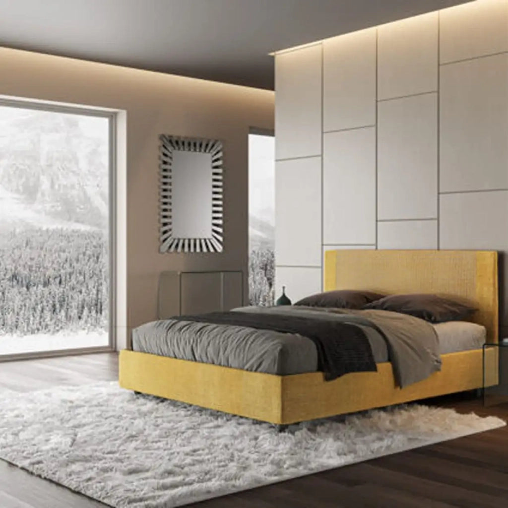 Letto matrimoniale contenitore imbottito 160x200 tessuto Labirinto 6 giallo Rosal