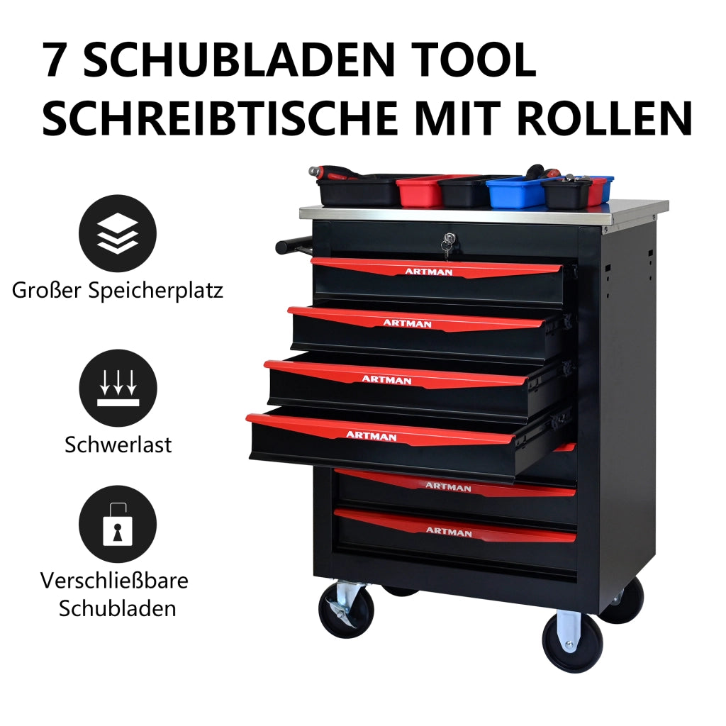 Carrello portautensili con 7 cassetti chiudibile a chiave in acciaio con ruote nero e rosso 62.5 × 34.5 × 78 cm