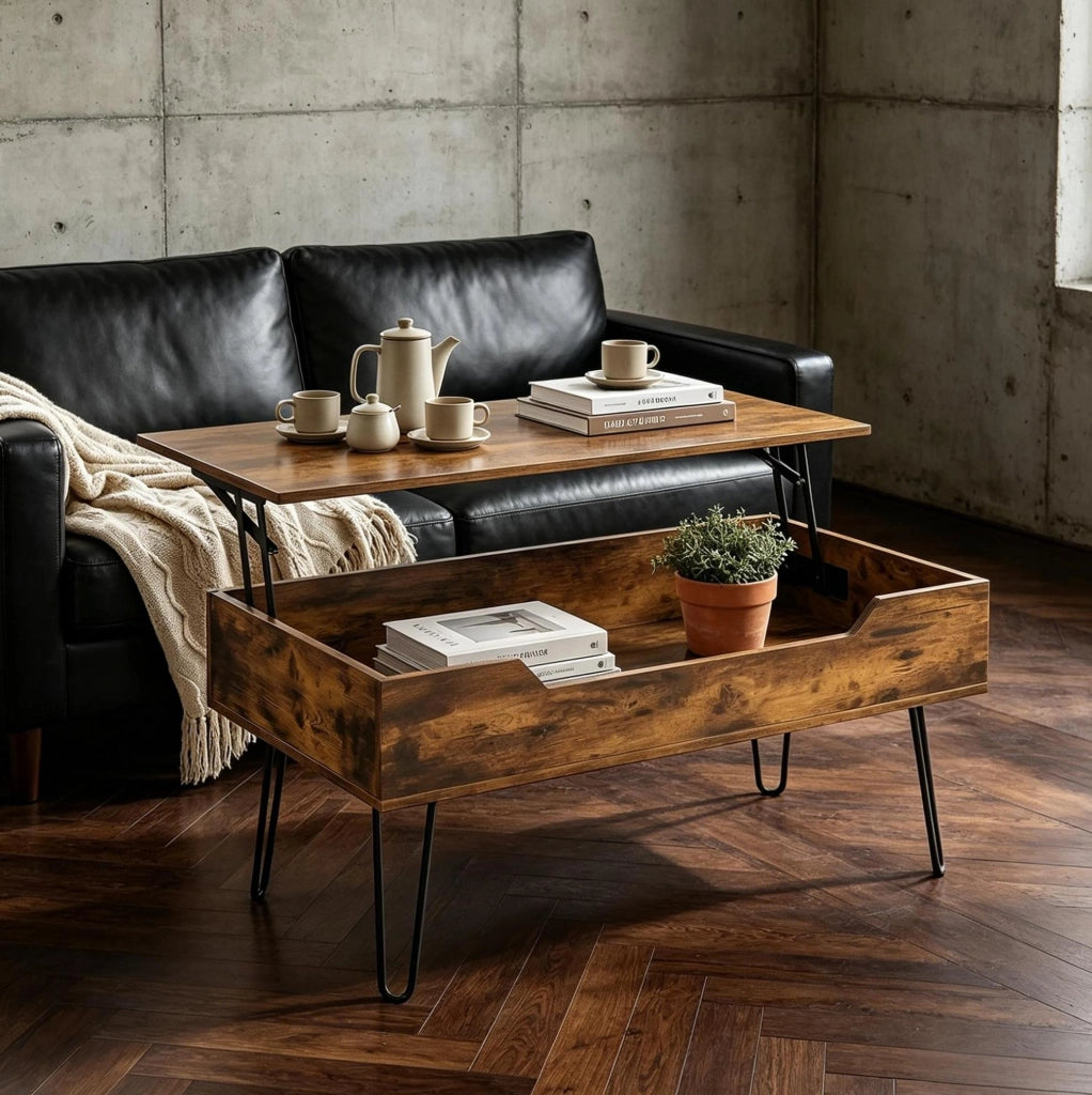 Tavolino da salotto con piano sollevabile e vano contenitore 95x50 cm noce rustico HOMVRA