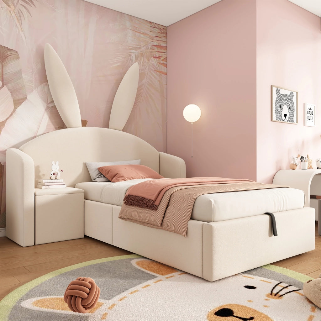 Letto per bambini 90x190 cm, letto idraulico con contenitore, testiera imbottita, forma a orecchie di coniglio, tessuto in velluto, beige