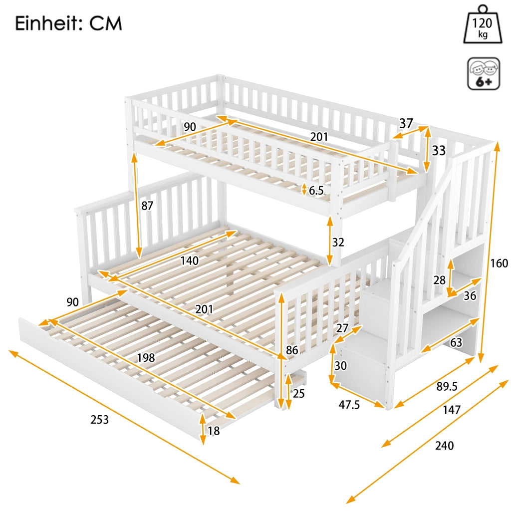 Letto a castello 90 × 200 cm e 140 × 200 cm con letto estraibile, mensole e scala, senza materasso, in pino bianco