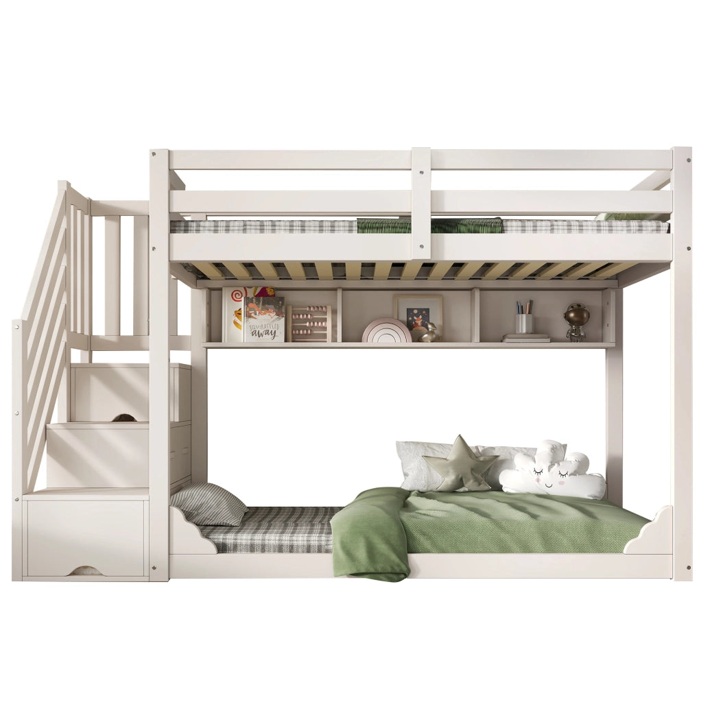 Letto a castello in legno bianco 90x200 cm per bambini con scala armadio e spazio contenitore, senza materasso