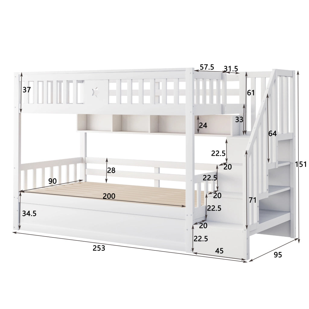 Letto a castello 90x200 cm con letto inferiore idraulico e scala contenitore bianco