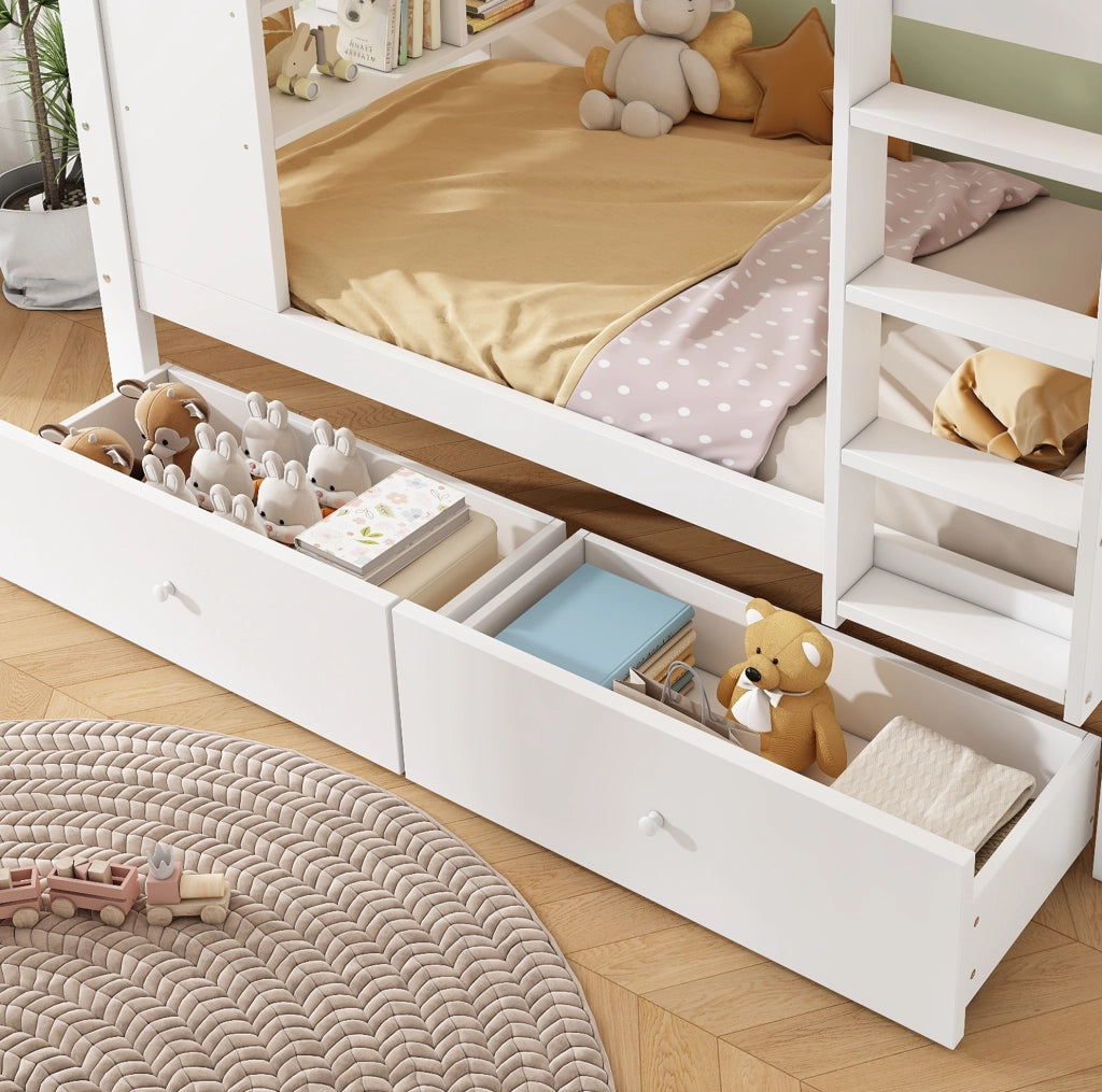 Letto a castello 90x200 cm bianco con 2 cassetti e ripiano integrato