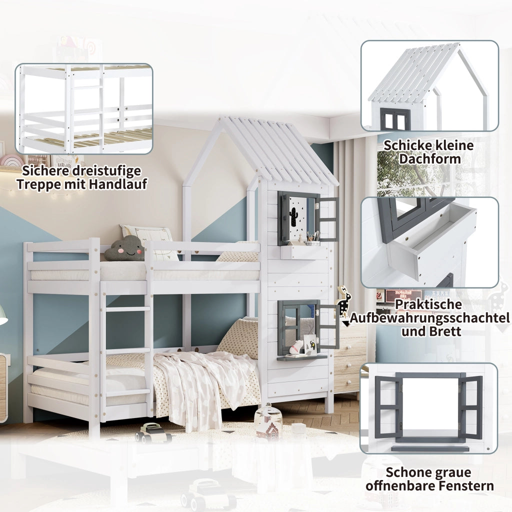 Letto a castello per bambini 90 × 200 cm, 2 posti, con finestre, scala con corrimano e barriere, senza materasso, bianco