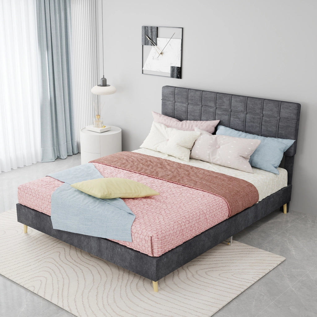 Letto 140 × 200 cm con testiera imbottita a quadri rivestito in velluto grigio