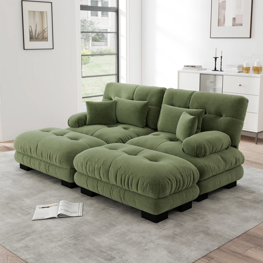 Divano modulare a 2 posti in chenille verde con braccioli arrotondati e pouf mobili