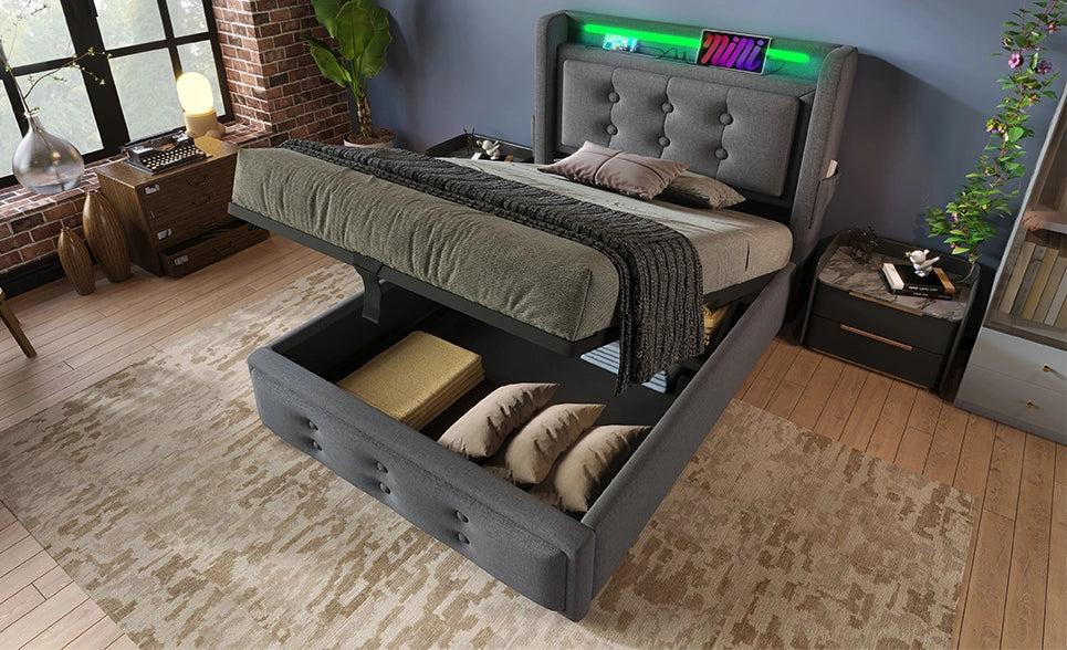 Letto singolo imbottito 90x200 cm con testiera in pelle, funzione di ricarica USB-C, struttura in legno e metallo, portata 150 kg, grigio