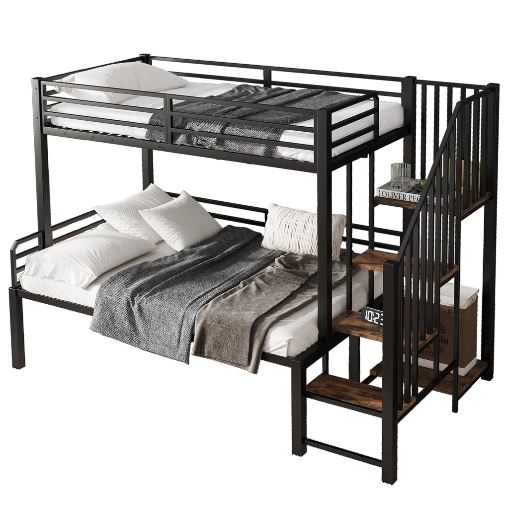 Letto a castello 90×200 cm e 120×200 cm con scala angolare contenitore e barriere, senza materassi, nero