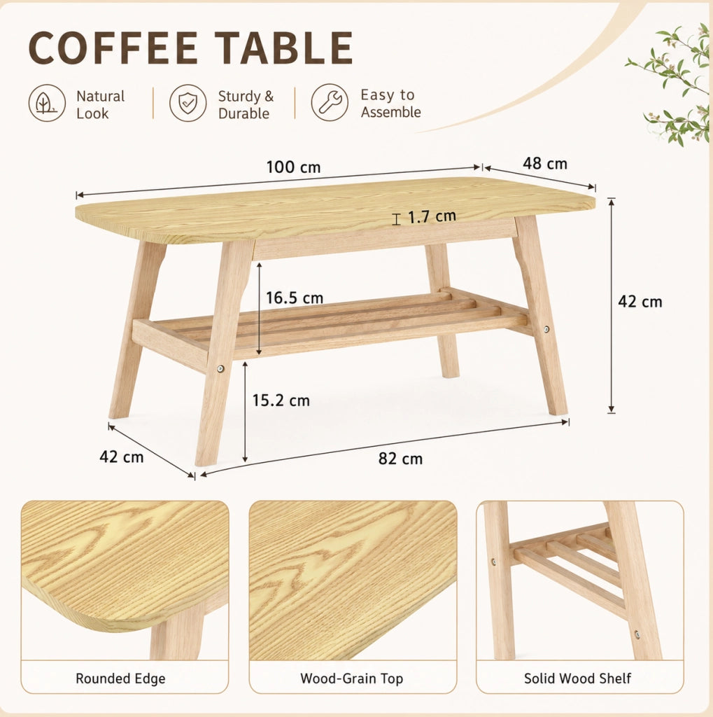 Tavolino da caff¨¨ 110x58x19 cm a due ripiani con base in legno massello colore legno
