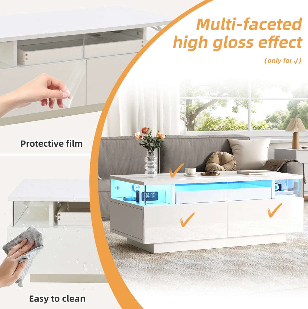 Tavolino da salotto bianco lucido 90x45x35,5 cm con 2 cassetti in acrilico, vetrate laterali in vetro temperato, ripiano estraibile e illuminazione LED controllabile via app