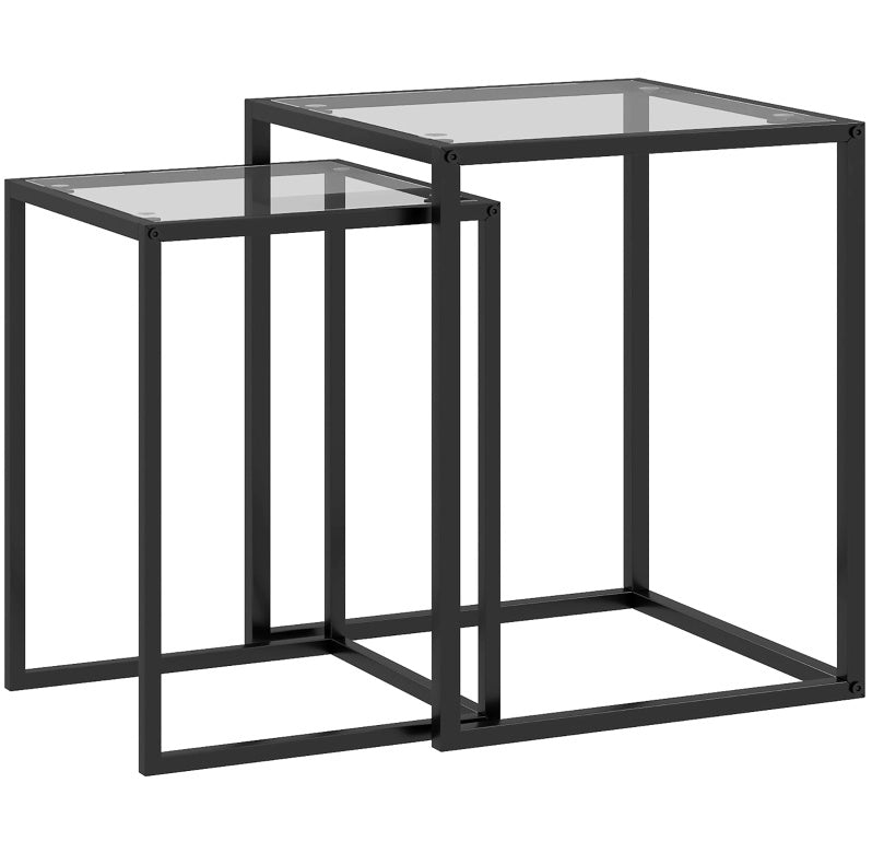 Set 2 tavolini da salotto impilabili in vetro temperato nero con struttura in acciaio HOMVRA