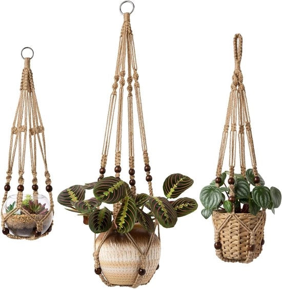 Set di 3 pendenti per piante in macramé - interni - vasi per piante - sospensione per fiori - corda di juta con perle senza spilli - corda di juta - 58 cm-73 cm-89 cm