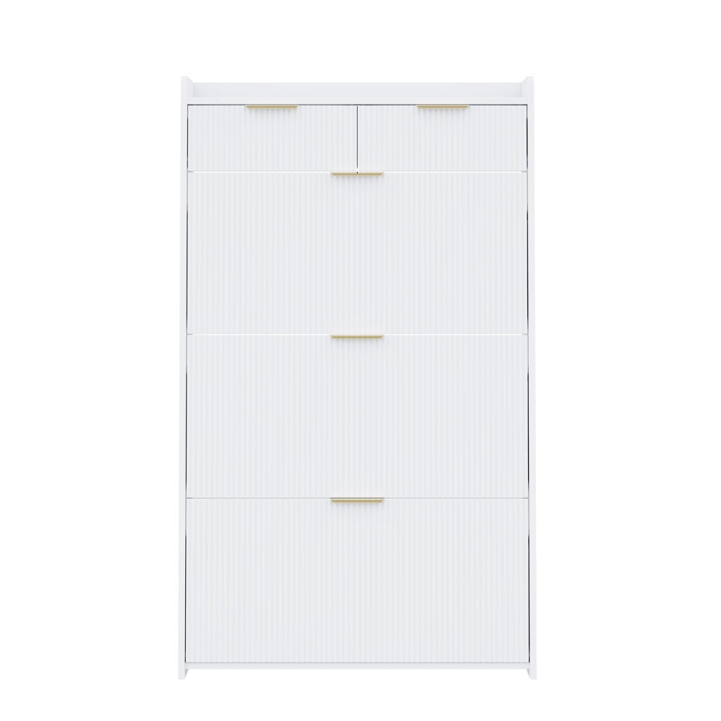 Scarpiera stretta con 3 vani a ribalta e 2 cassetti, per ingresso e corridoio, in truciolare bianco, 80 × 25 × 135 cm