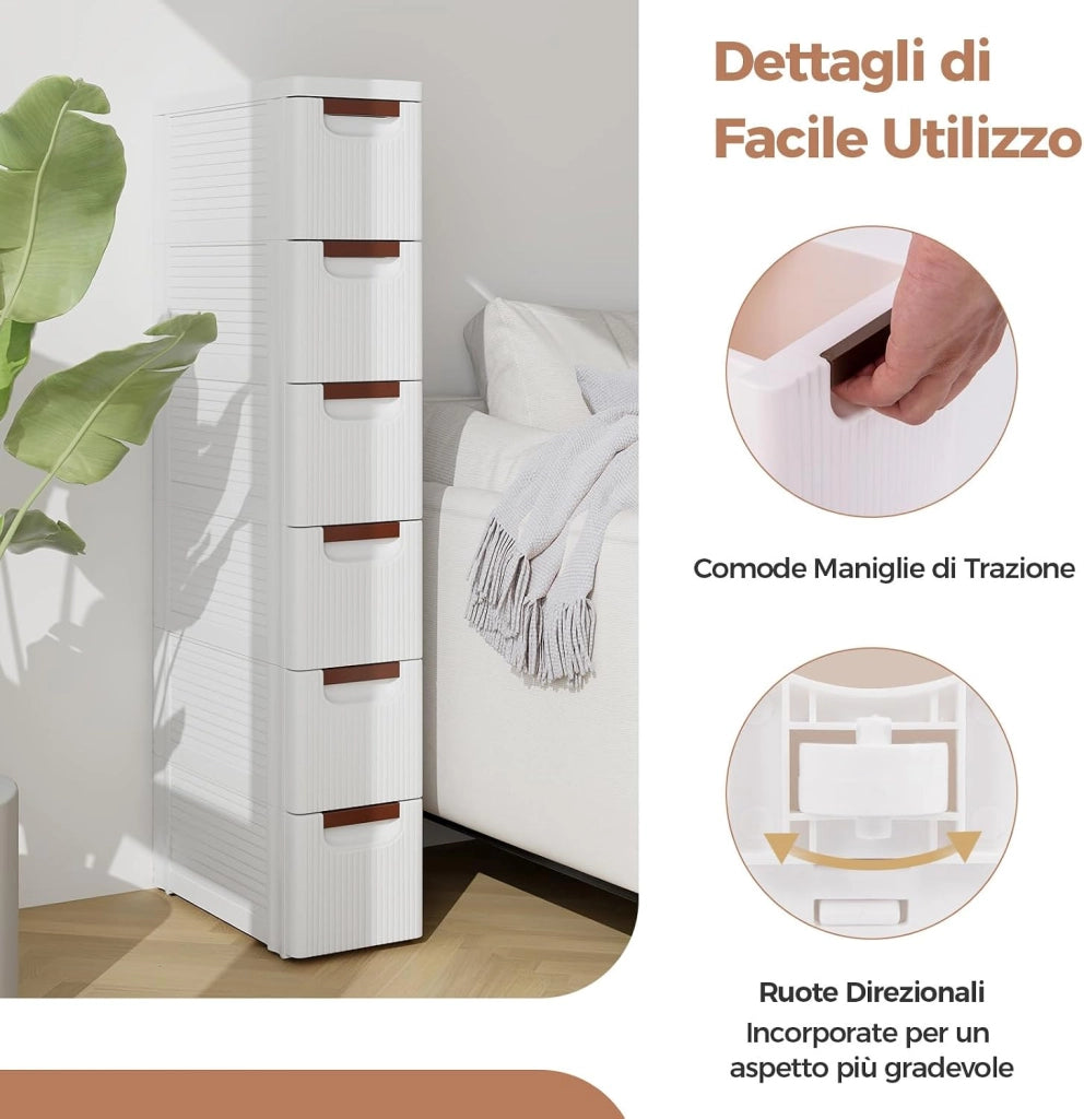Cassettiere con 6 Cassetti, Comò con Ruote Incorporate per Spazi Stretti, Armadietto Salvaspazio Moderno in Plastica per Scrivania, Camera da Letto e Soggiorno (42 x 19 x 109 cm)
