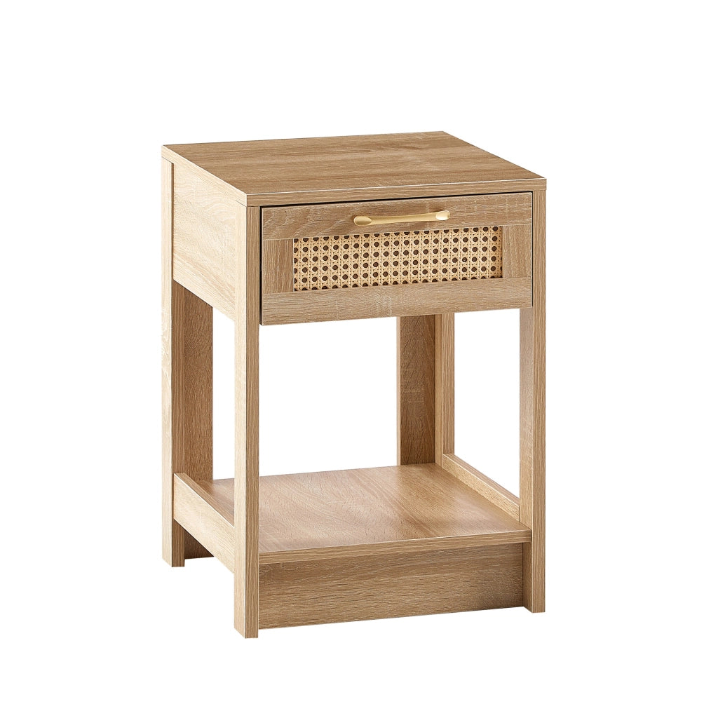 Comodino in rattan con cassetto, tavolino moderno per camera e soggiorno, effetto legno naturale H55xL40xP40 cm