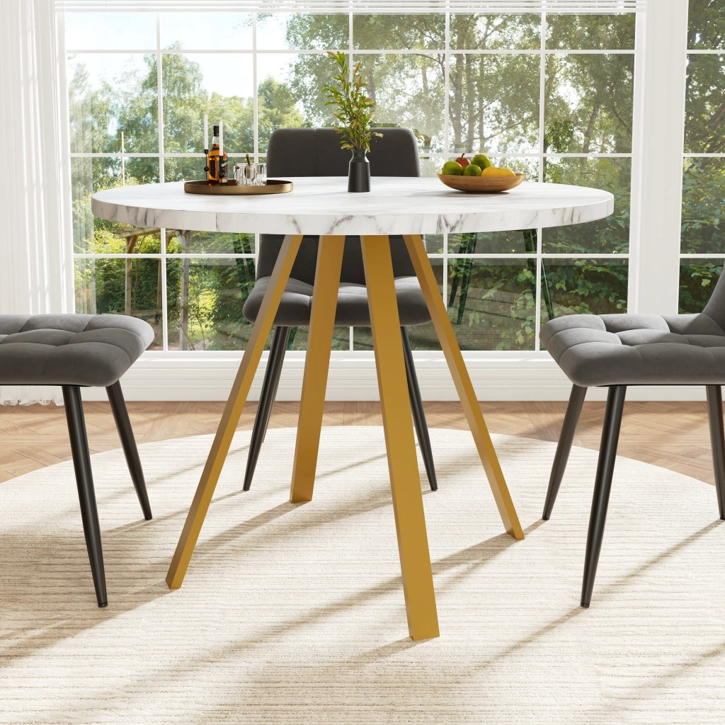 Tavolo da pranzo rotondo in MDF con gambe in metallo bianco effetto marmo e oro per sala da pranzo 80 × 80 × 75 cm