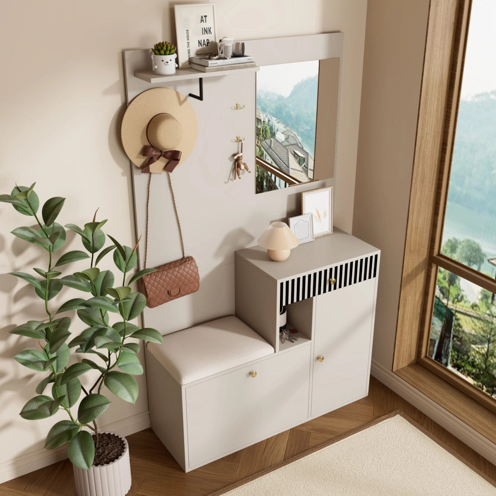 Set mobile ingresso compatto con specchio e cuscino imbottito, armadio per corridoio, parete attrezzata, scaffale e scarpiera, 110 x 185,5 x 37 cm