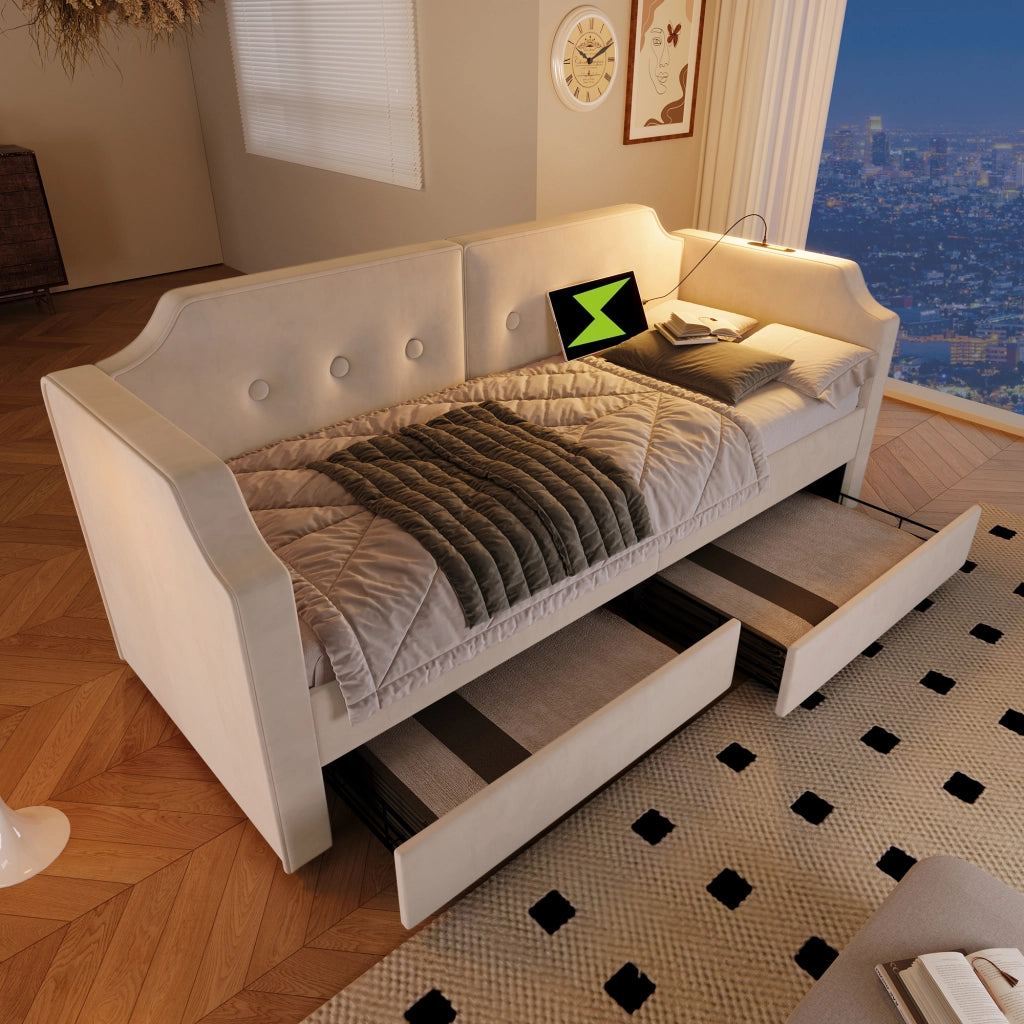 Letto singolo imbottito 90 ¡Á 200 cm in velluto beige con cassetti luce da lettura USB Type-C rete a doghe