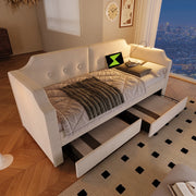 Letto singolo imbottito 90 ¡Á 200 cm in velluto beige con cassetti luce da lettura USB Type-C rete a doghe
