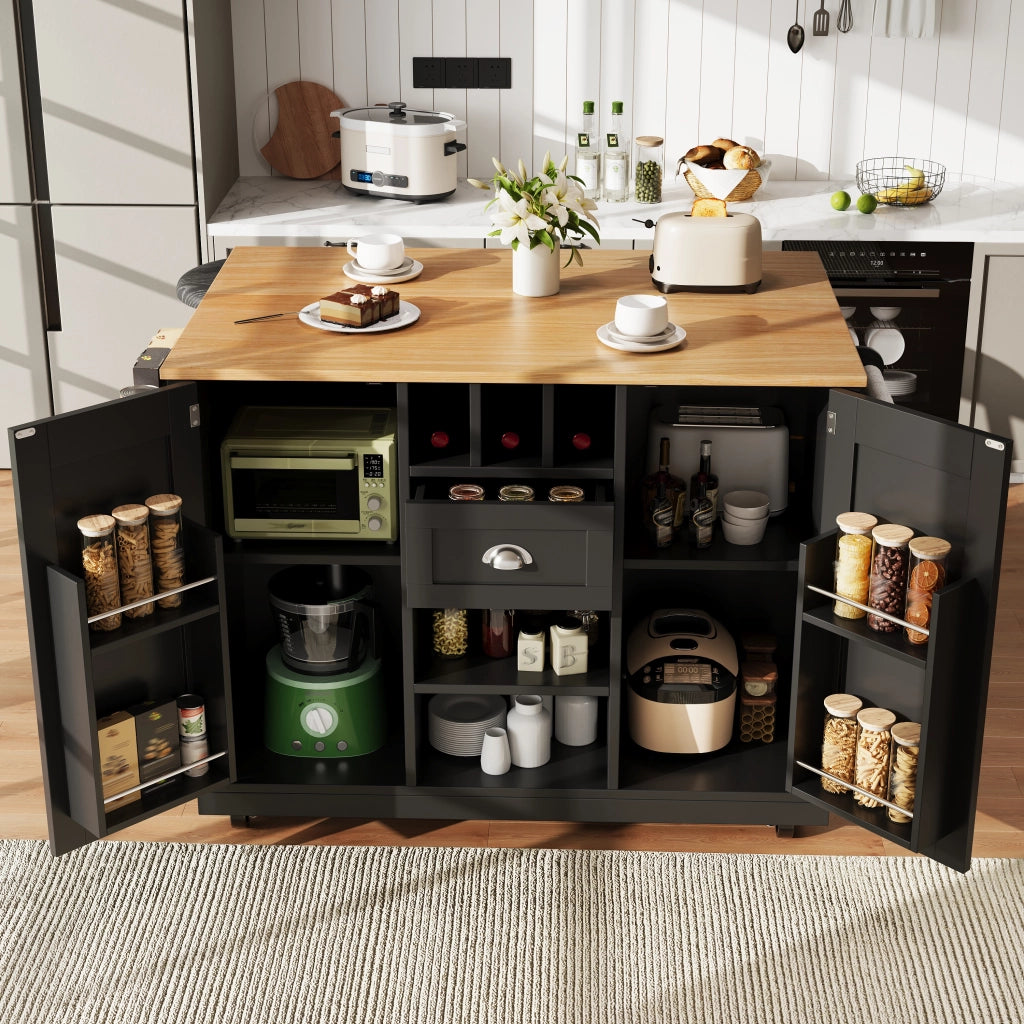 Isola cucina con tavolo estraibile; 2 cassetti e 4 ante; MDF bianco con maniglie nere e luce LED