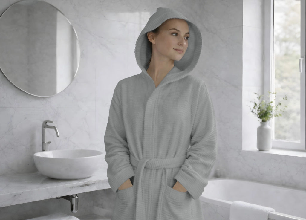 Accappatoio Con Cappuccio In Morbida Spugna Mod. Boutique Tinta Unita Perla - XL-XXL - Perla