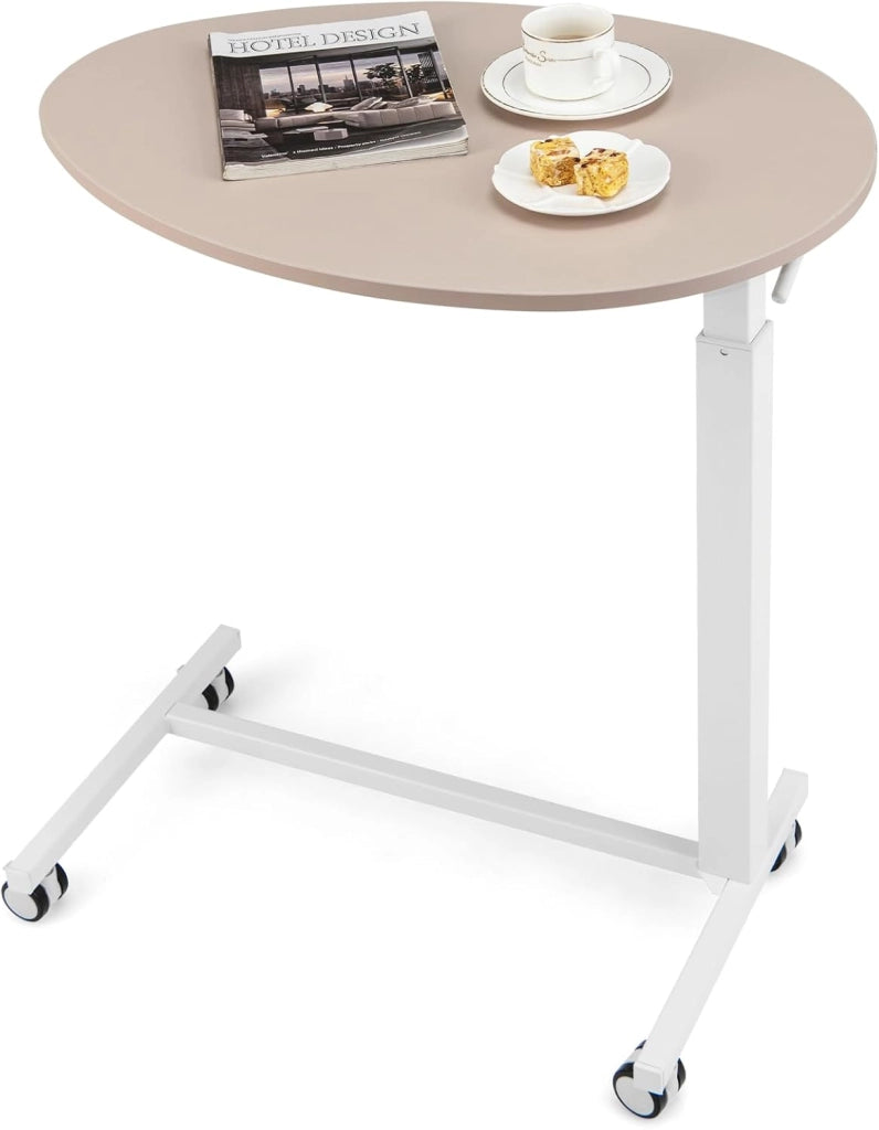 Tavolino da Letto e Divano per PC, Tavolino Regolabile in Altezza con Ruote Bloccabili e Piano Ovale, Tavolino per Mangiare e Lavorare, 76 x 50 x 74-108 cm