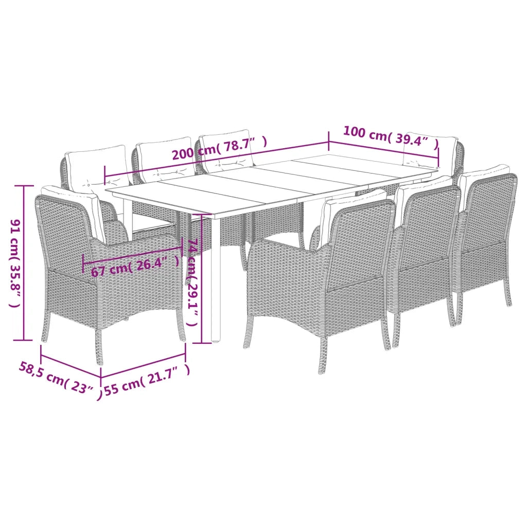 Set da Pranzo da Giardino 9 pz con Cuscini Nero in Polyrattan 3211919