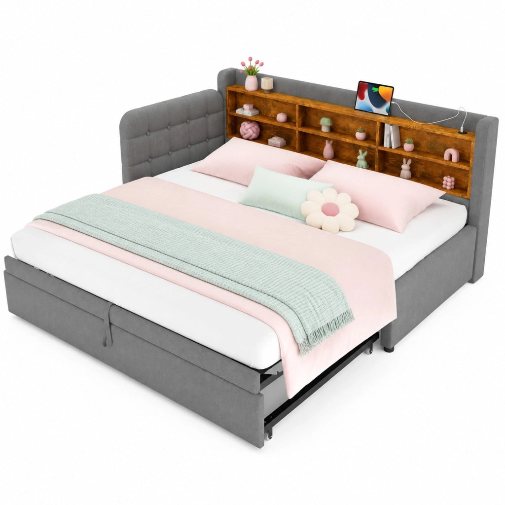 Letto 90x200 cm grigio – estraibile con USB e vani portaoggetti, senza materasso