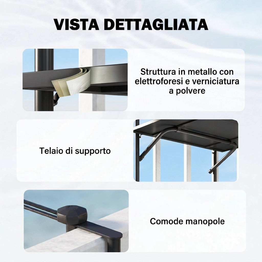 Tavolo da balcone per ringhiera 6-15cm, regolabile e pieghevole, in metallo antiruggine nero, 62x60x85,5cm