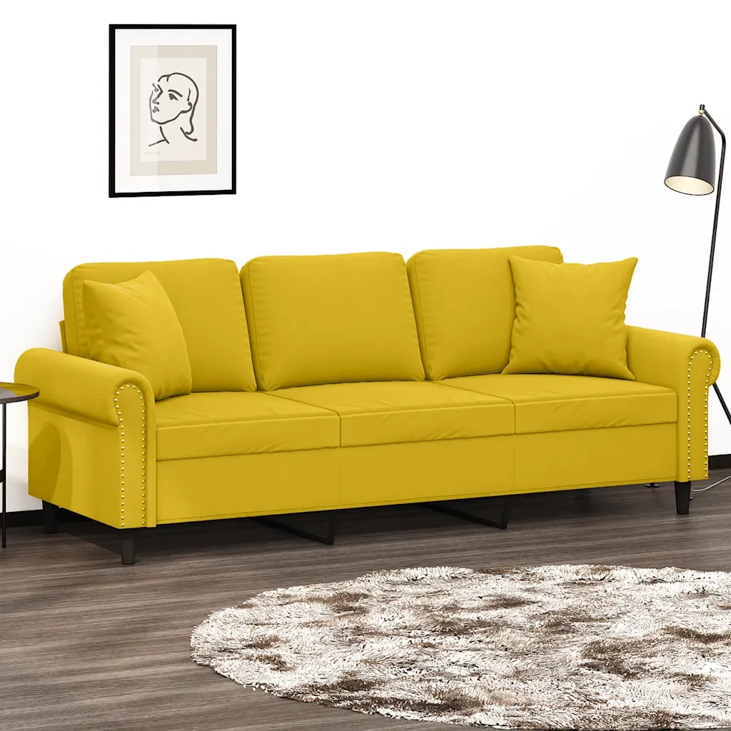 Divano a 3 Posti con Cuscini Giallo 180 cm in Velluto