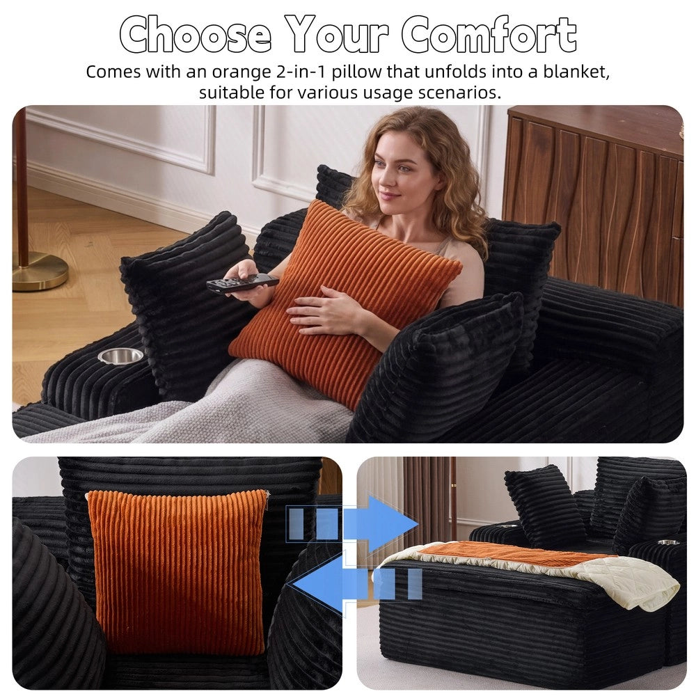 Divano Letto con Chaise Longue ¨C MINIMAL ¨C Nero, 3 Cuscini, Senza Montaggio