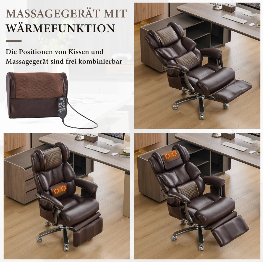 Sedia da ufficio ergonomica con massaggio e riscaldamento, rivestimento in pelle PU marrone, schienale regolabile, poggiapiedi ribaltabile, rotazione 360°, portata fino a 110 kg