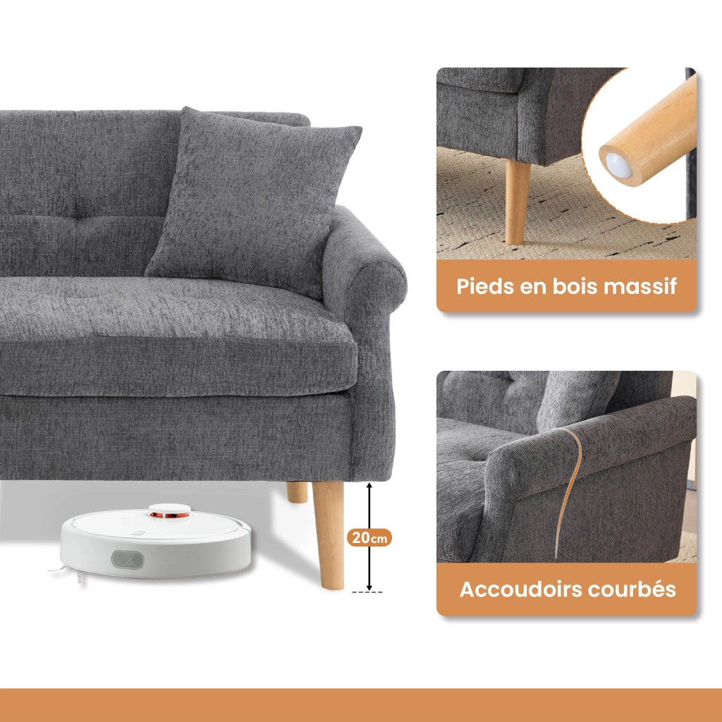 Divano dritto 2 posti con cuscini spessi e braccioli ergonomici in ciniglia grigio 162 × 74 × 77 cm