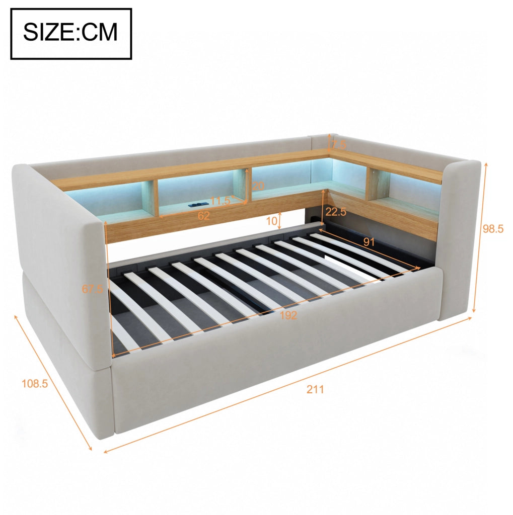 Divano letto imbottito 90x190 cm con LED, prese e contenitore