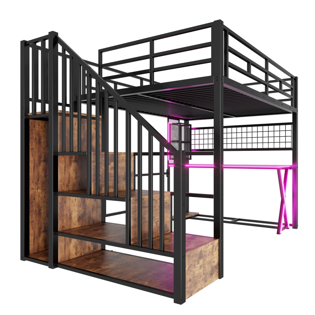 Letto a Soppalco 140x200 cm con Scrivania; Armadio; LED; Scala e Sponde; Nero