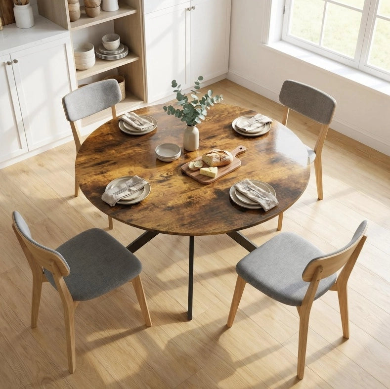Tavolo rotondo da pranzo 120 cm in legno e acciaio, stile industriale marrone, 4 posti