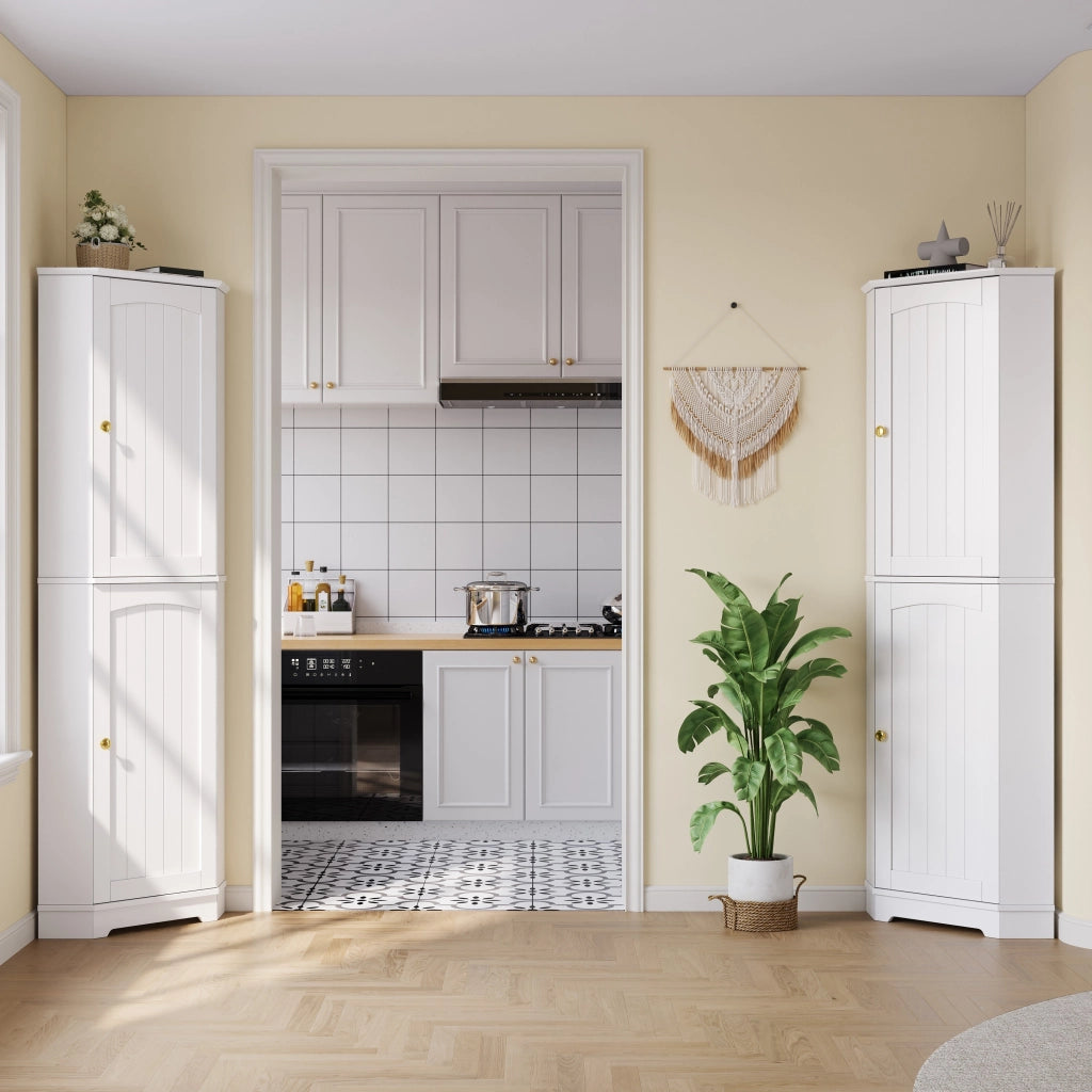 Armadio angolare con ripiani regolabili e 2 ante ad arco in MDF bianco per cucina e soggiorno 42 × 42 × 166 cm