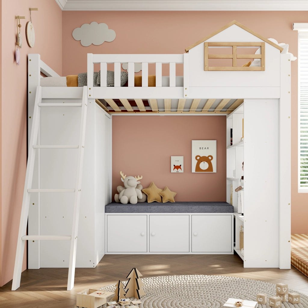 Letto a soppalco per bambini 90 × 200 cm con armadio scaffali panca contenitore in legno bianco e naturale