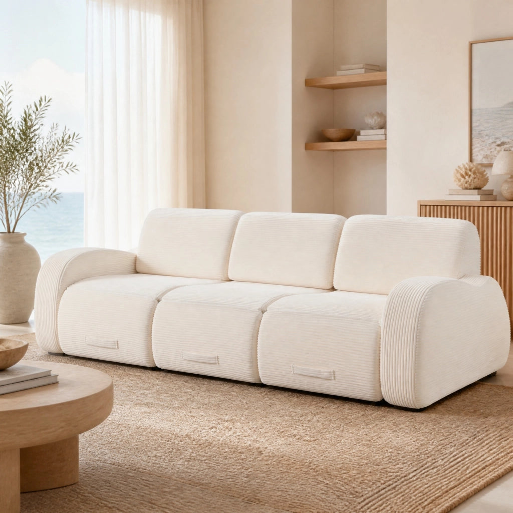 Divano modulare 3 moduli con funzione letto e struttura senza parti rigide, in velluto a coste beige