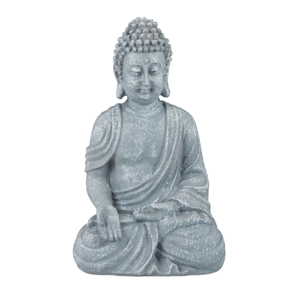 Statua di Buddha seduto decorazione zen 18 x 10 x 8 cm portafortuna atmosfera spirituale in pietra artificiale grigia 13_0006435