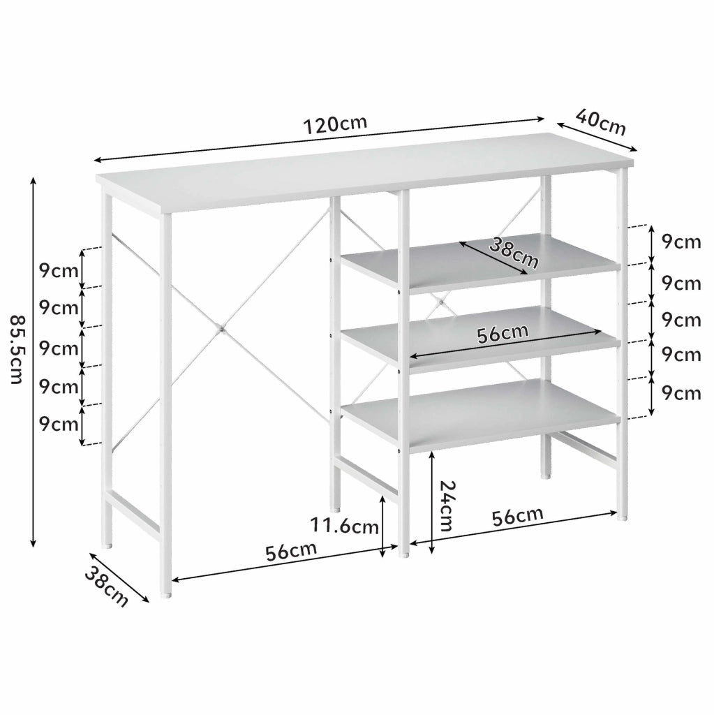 Tavolo Organizer Multifunzionale 120x40x85,5 cm con Struttura in Metallo e Piano Bianco, Montaggio Flessibile per Cucina, Soggiorno, Cantina e Garage
