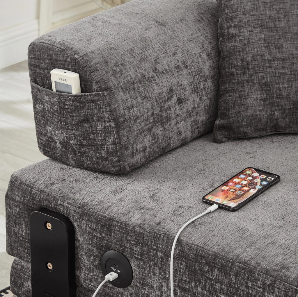 Divano letto pieghevole ULEVR 2 in 1 con porte USB e Type-C, vano contenitore e tasche laterali, grigio scuro