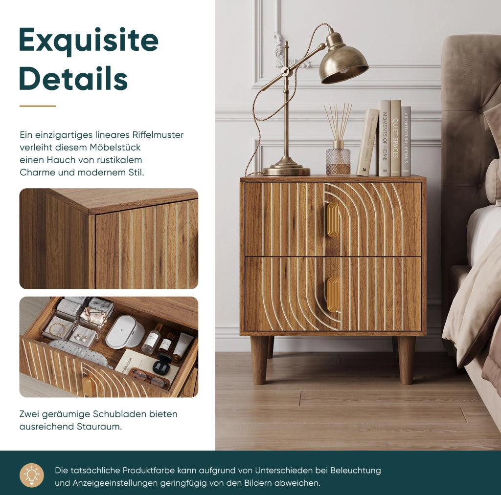 Comodino Bohemien in impiallacciatura noce con 2 cassetti e design geometrico a linee incise
