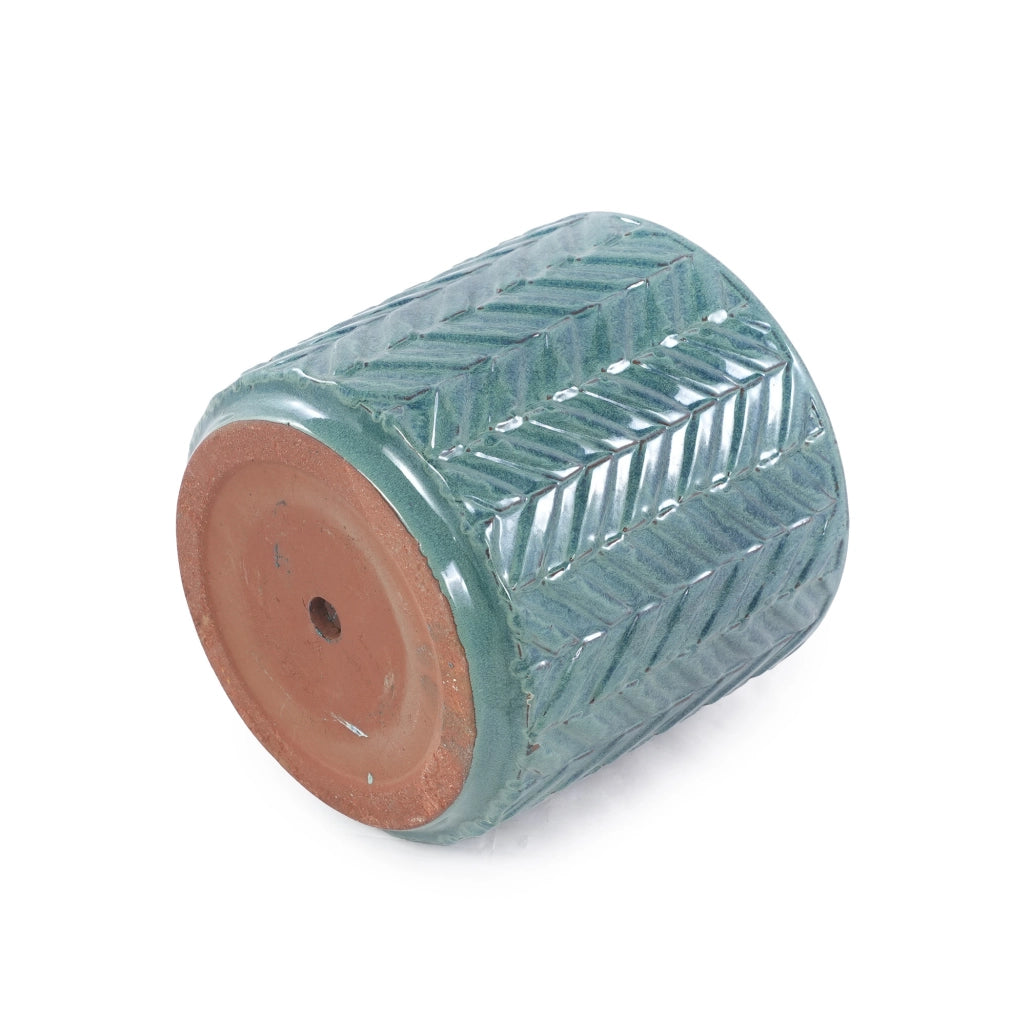 Vaso da fiori in ceramica Ø20 cm blu acqua, rilievo a chevron, foro di drenaggio