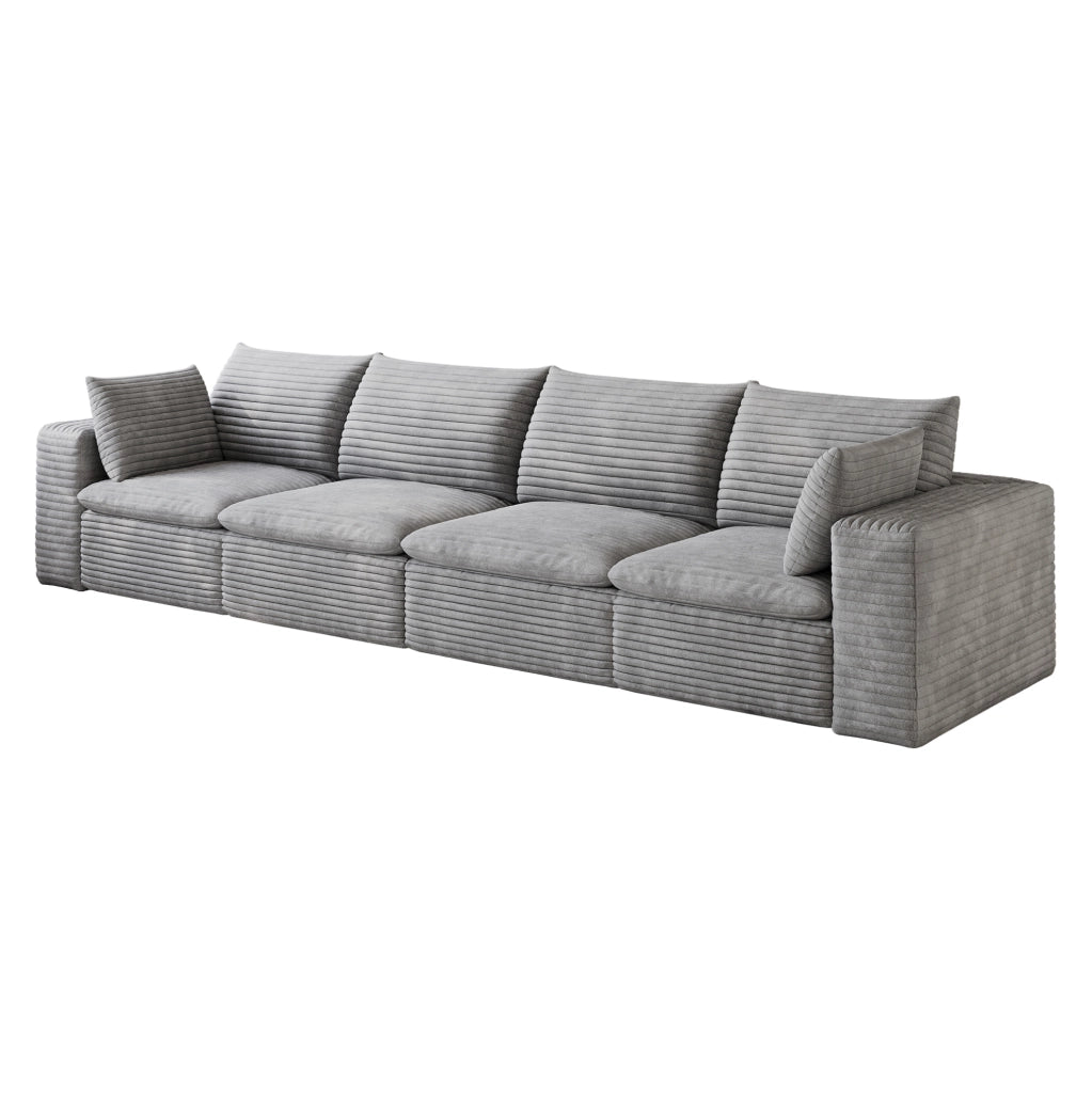Divano Cloud 340 cm in tessuto di velluto a coste grigio scuro con imbottitura rimovibile e design modulare senza necessità di montaggio