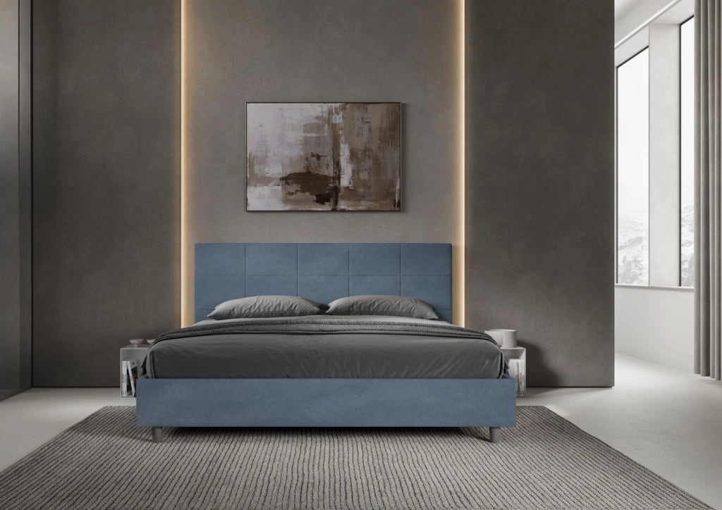 Letto Matrimoniale King Size 190x210 cm Senza Rete Imbottito in Microfibra Mika Blu