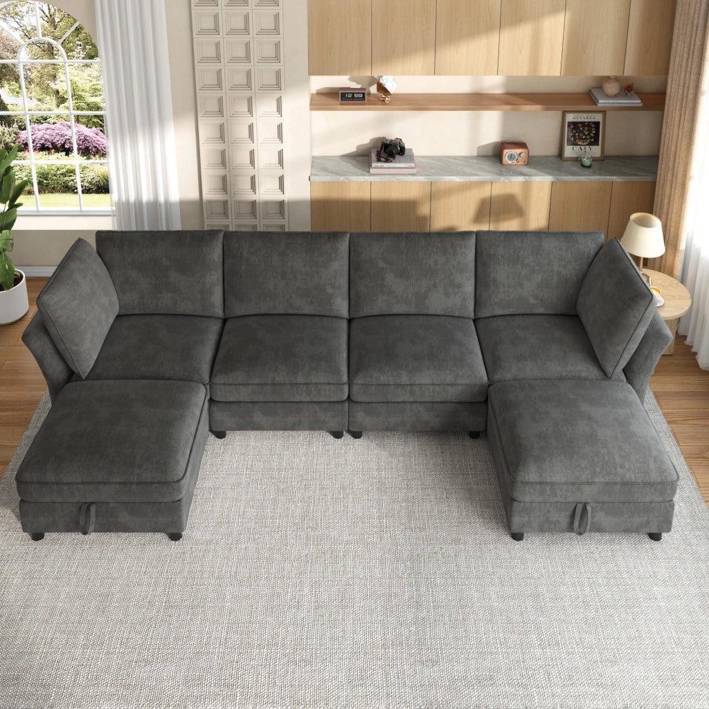 Divano modulare a U 6 posti con 2 pouf contenitore in ciniglia grigio