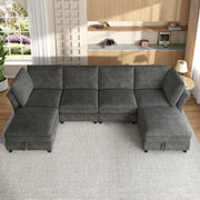 Divano modulare a U 6 posti con 2 pouf contenitore in ciniglia grigio